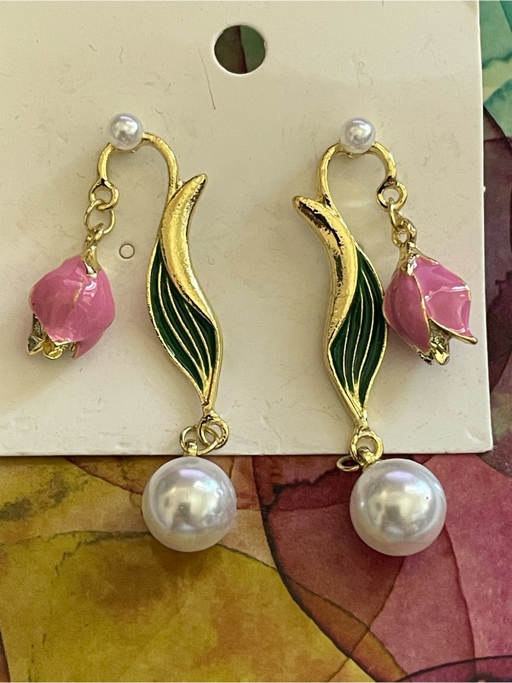 Fashion Jewelry Gold-Tone Pink Flower Leaf Pearl Drop Earrings
